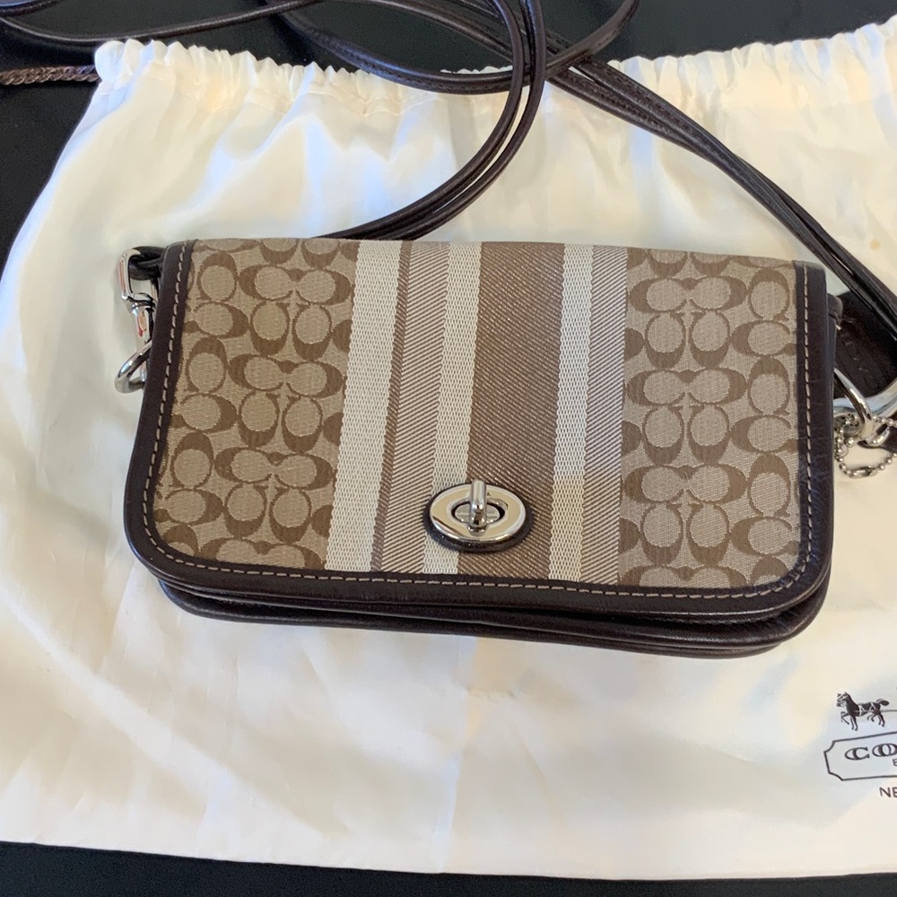 Coach Women’s Crossbody Legacy Signature Brown Stripe Canvas Leather